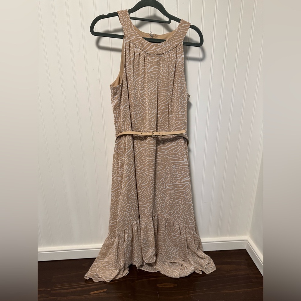 Tommy Hilfiger High Low Belted Halter Dress in Tan & White